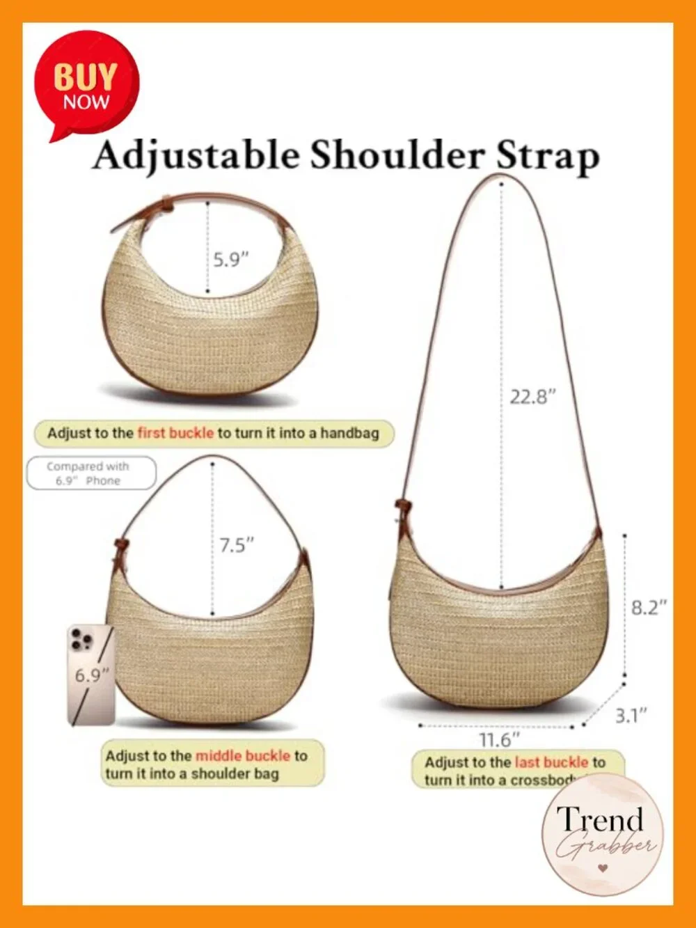 Handwoven Straw Crossbody Bag Hobo Shoulder Purse with Adjustable Strap